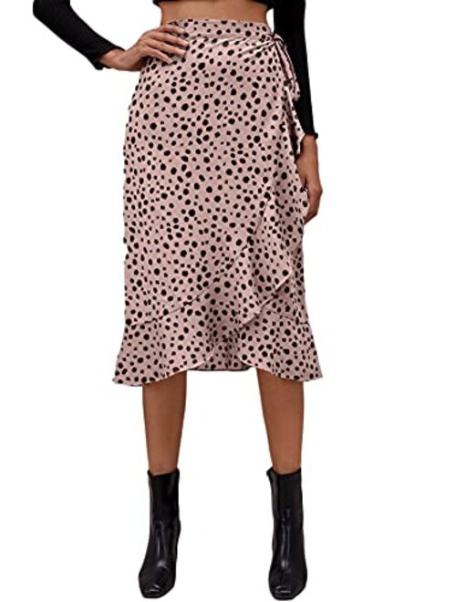 Milumia Women's Asymmetrical Ruffle Hem Wrap Skirt Dalmatian Print Knotted Midi Skirt