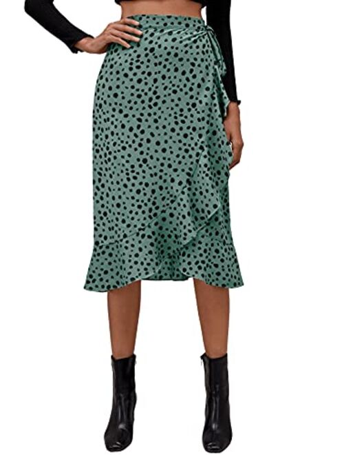 Milumia Women's Asymmetrical Ruffle Hem Wrap Skirt Dalmatian Print Knotted Midi Skirt