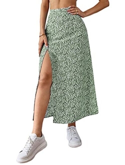 Women's Boho Floral Print High Waist High Side Split Maxi Skirt
