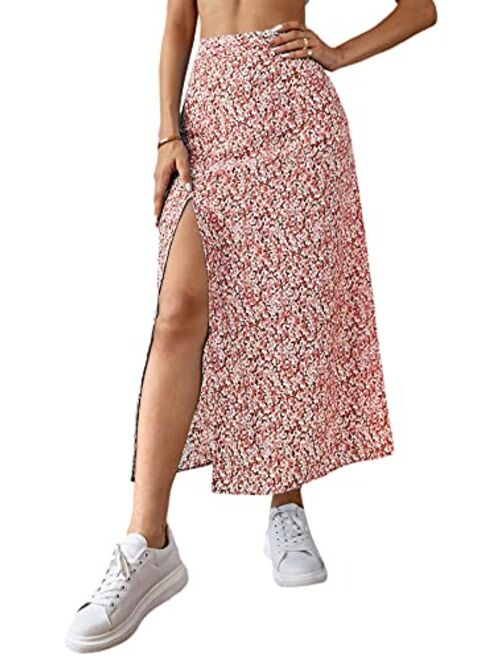 Milumia Women's Boho Floral Print High Waist High Side Split Maxi Skirt