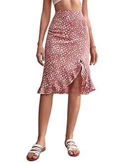 Women's Boho Floral Print Asymmetrical Ruffle Hem Zip Up Knee Length Skirt