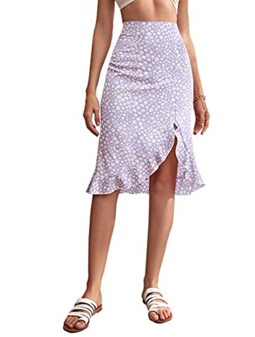 Milumia Women's Boho Floral Print Asymmetrical Ruffle Hem Zip Up Knee Length Skirt