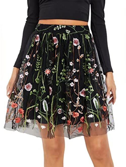 Milumia Women Elegant Floral Embroidery Mesh High Waist A Line Flared Party Short Skirt