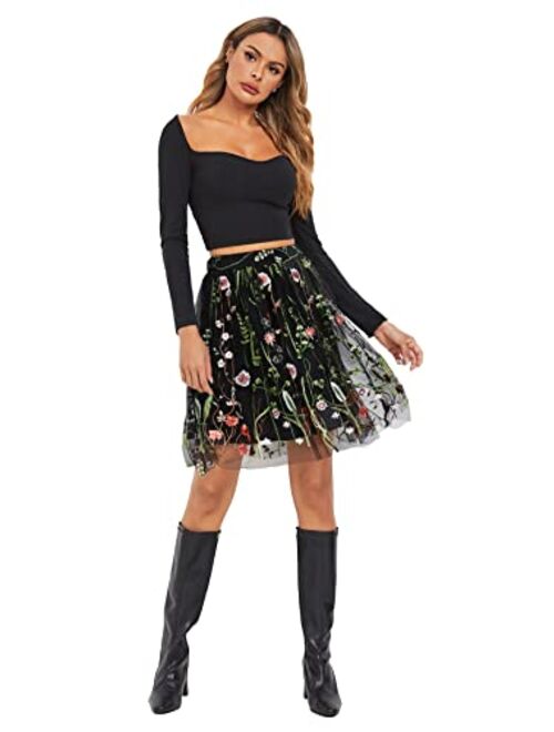 Milumia Women Elegant Floral Embroidery Mesh High Waist A Line Flared Party Short Skirt