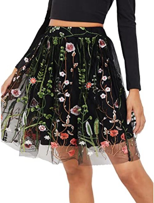 Milumia Women Elegant Floral Embroidery Mesh High Waist A Line Flared Party Short Skirt