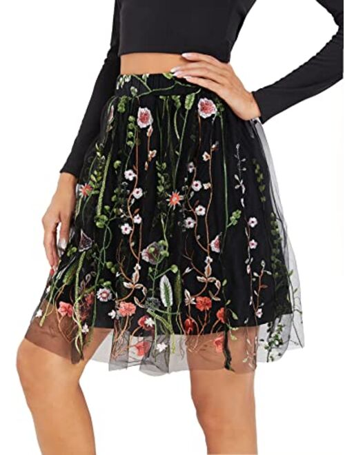 Milumia Women Elegant Floral Embroidery Mesh High Waist A Line Flared Party Short Skirt