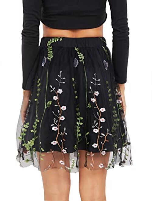 Milumia Women Elegant Floral Embroidery Mesh High Waist A Line Flared Party Short Skirt