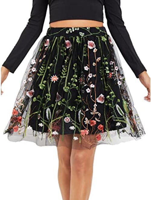 Milumia Women Elegant Floral Embroidery Mesh High Waist A Line Flared Party Short Skirt