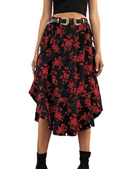 Women Boho Floral High Waist Button Front Ruffled A Line Midi Skirt