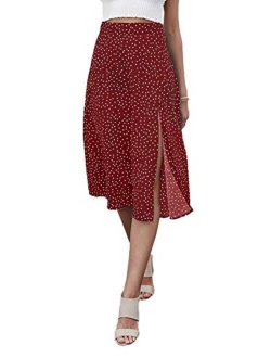 Women Casual Polka Dot Print High Waist Vacation Split Hem Midi Skirt