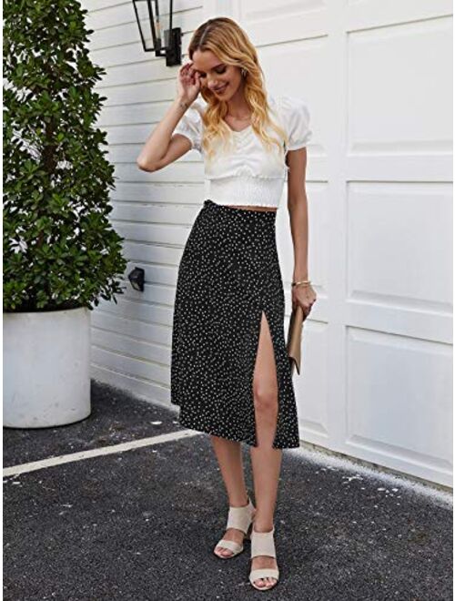 Milumia Women Casual Polka Dot Print High Waist Vacation Split Hem Midi Skirt