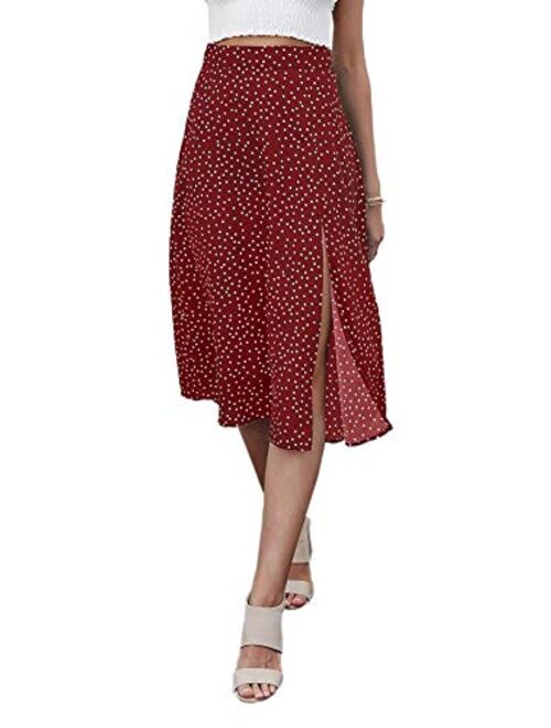 Milumia Women Casual Polka Dot Print High Waist Vacation Split Hem Midi Skirt