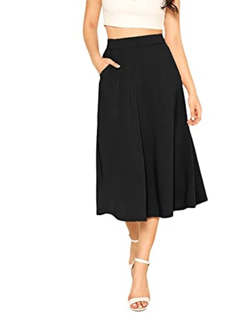 Milumia Women's Casual High Waist A Line Midi Skirt Solid Swing Skirt with Pocket