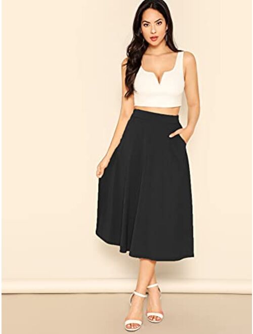 Milumia Women's Casual High Waist A Line Midi Skirt Solid Swing Skirt with Pocket