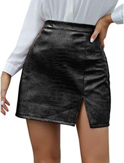 Women Elegant PU Leather Short Skirt Split Hem Zip Back Solid Mini Skirt