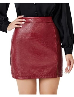 Women Elegant PU Leather Short Skirt Split Hem Zip Back Solid Mini Skirt