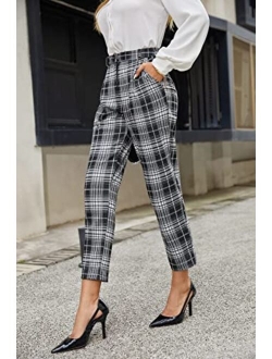 Women's Casual Work Pants with Pockets Elastic Waist Plaid Pants