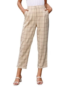 Women's Casual Work Pants with Pockets Elastic Waist Plaid Pants