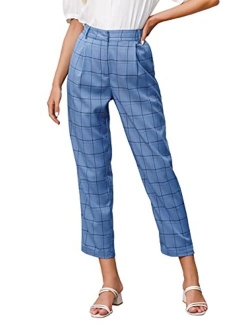 Women's Casual Work Pants with Pockets Elastic Waist Plaid Pants