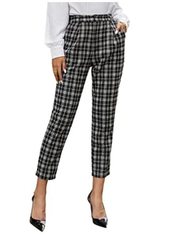 Women's Casual Work Pants with Pockets Elastic Waist Plaid Pants