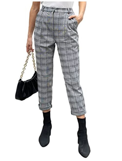 GRACE KARIN Women's Casual Work Pants with Pockets Elastic Waist Plaid Pants