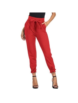 Women's Casual Pants Solid High Waist Self Tie Belted Pencil Trouser