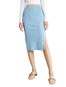 Women's Casual High Waist Solid Split Side Rib Knit Midi Skirt