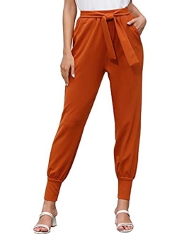 Women's Casual Pants High Waist Self Tie Loose Pants with Pockets