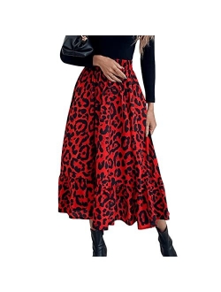 Women's High Elastic Waist Ruffle Hem Pleated A Line Midi Skirt