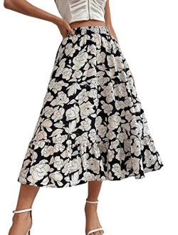 Women's High Elastic Waist Ruffle Hem Pleated A Line Midi Skirt