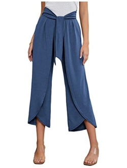 Women High Waist Casual Pants Boho Split Belted Wide Leg Trousers