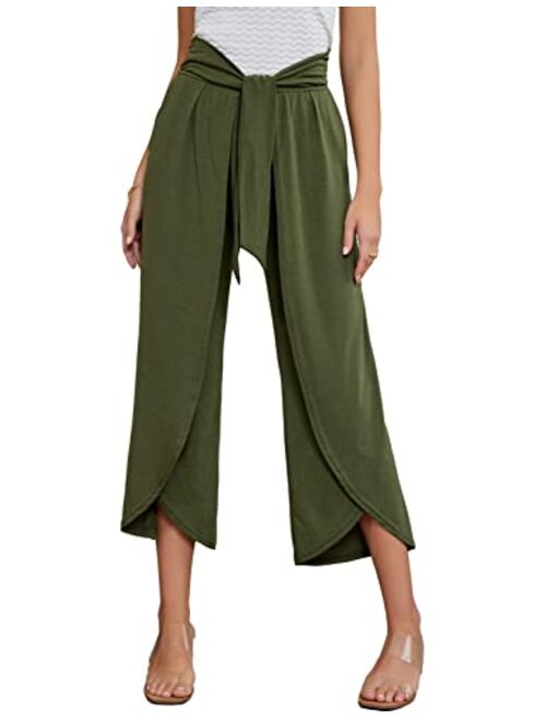 GRACE KARIN Women High Waist Casual Pants Boho Split Belted Wide Leg Trousers