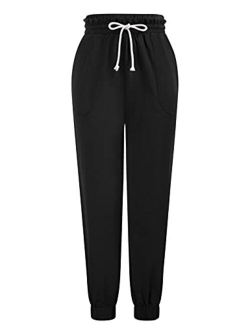 Women's Elastic Waist Drawstring Jogger Pant Paper Bag Pockets Ankle Length Trouser