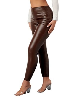 Women's Casual Faux Leather Leggings High Waisted Stretchy Pants