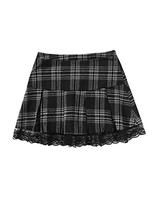 SweatyRocks Women's Plaid Lace Trim Pleated Flared A Line Mini Short Skirt