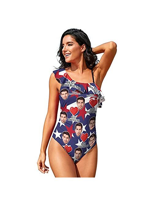 Interestprint Custom Face Personalized Independence Day Shoulder Ruffle Swimsuit American Flag