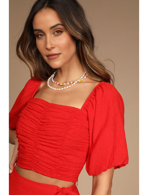 Lulus Sweet Desires Red Ruched Puff Sleeve Crop Top