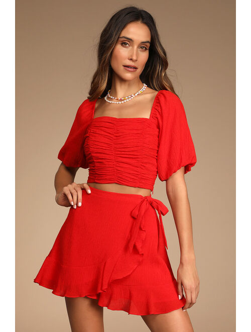 Lulus Sweet Desires Red Ruched Puff Sleeve Crop Top