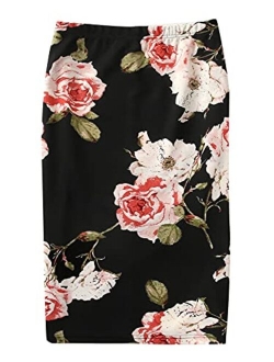 Women's Plus Size Elegant Floral Print Elastic Waist Midi Pencil Skirt