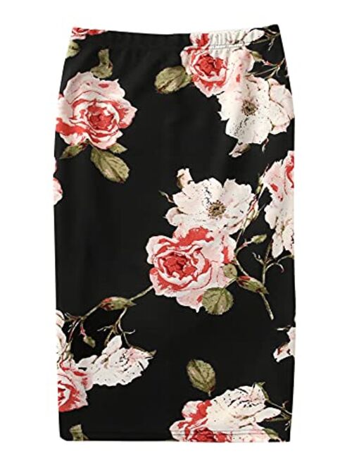 Milumia Women's Plus Size Elegant Floral Print Elastic Waist Midi Pencil Skirt