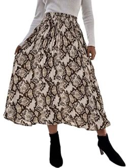 Women's High Waist Leopard Print Elegant A Line Pleated Midi Skirt