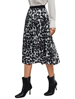 Women's High Waist Leopard Print Elegant A Line Pleated Midi Skirt