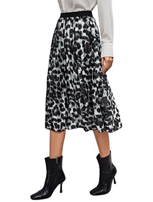 SweatyRocks Women's High Waist Leopard Print Elegant A Line Pleated Midi Skirt