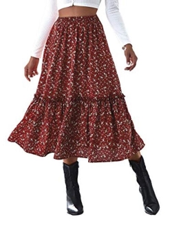 Women Ditsy Floral Print High Waist Skirt Frill A Line Flared Long Skirt