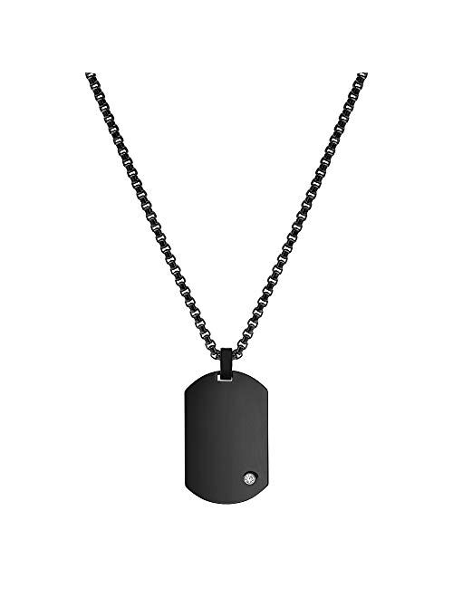 Geoffrey Beene Men's Engraving-Stainless Steel Dog Tag Pendant Necklace with Cubic Zirconia Stone