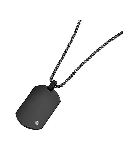 Geoffrey Beene Men's Engraving-Stainless Steel Dog Tag Pendant Necklace with Cubic Zirconia Stone