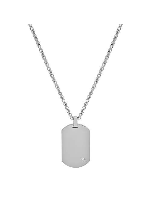 Geoffrey Beene Men's Engraving-Stainless Steel Dog Tag Pendant Necklace with Cubic Zirconia Stone