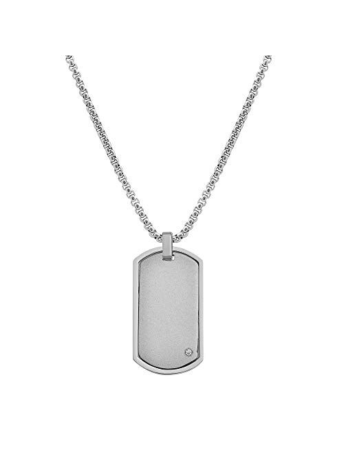 Geoffrey Beene Stainless Steel Men's Engravable Dog Tag Pendant Box Chain Necklace with Cubic Zirconia Stone