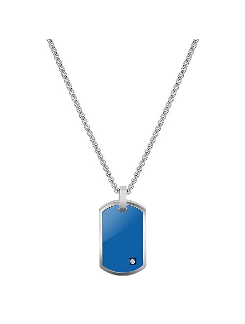 Geoffrey Beene Stainless Steel Men's Engravable Dog Tag Pendant Box Chain Necklace with Cubic Zirconia Stone