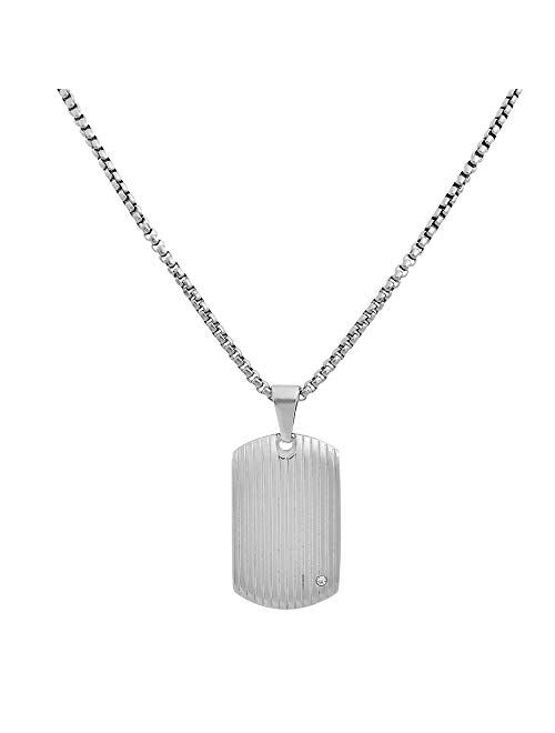 Geoffrey Beene Stainless Steel Men's Dog Tag Necklace with Cubic Zirconia Stone